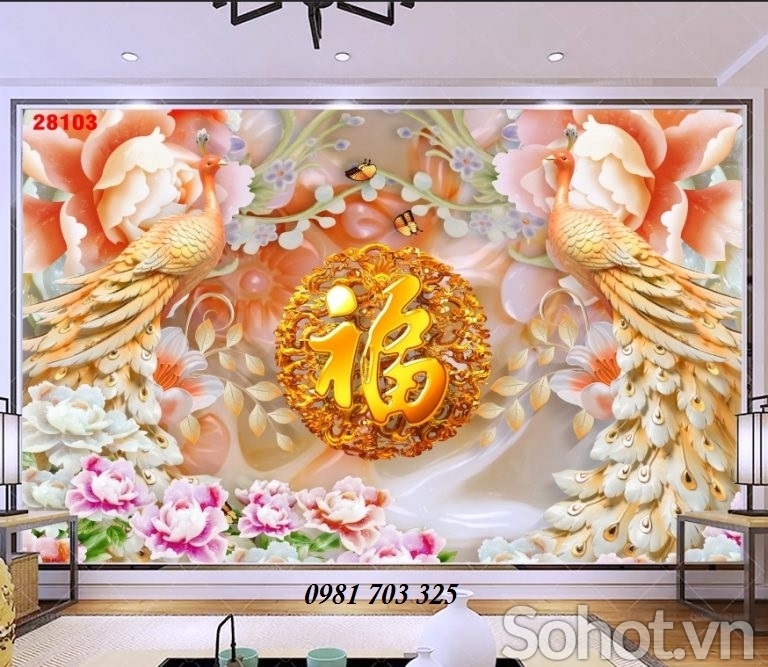 tranh 3D chim công-gạch 3D trang trí