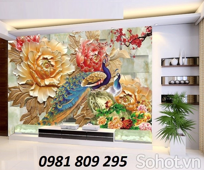 Tranh 3d chim công hoa ngọc vàng- gạch tranh