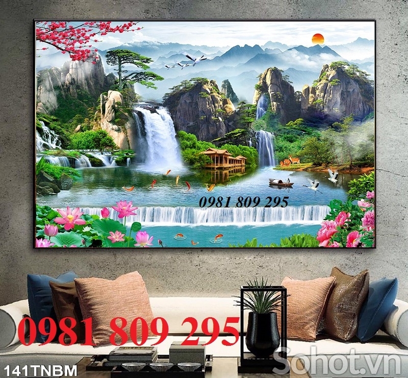 tranh gạch men , thác nước núi đồi  3d