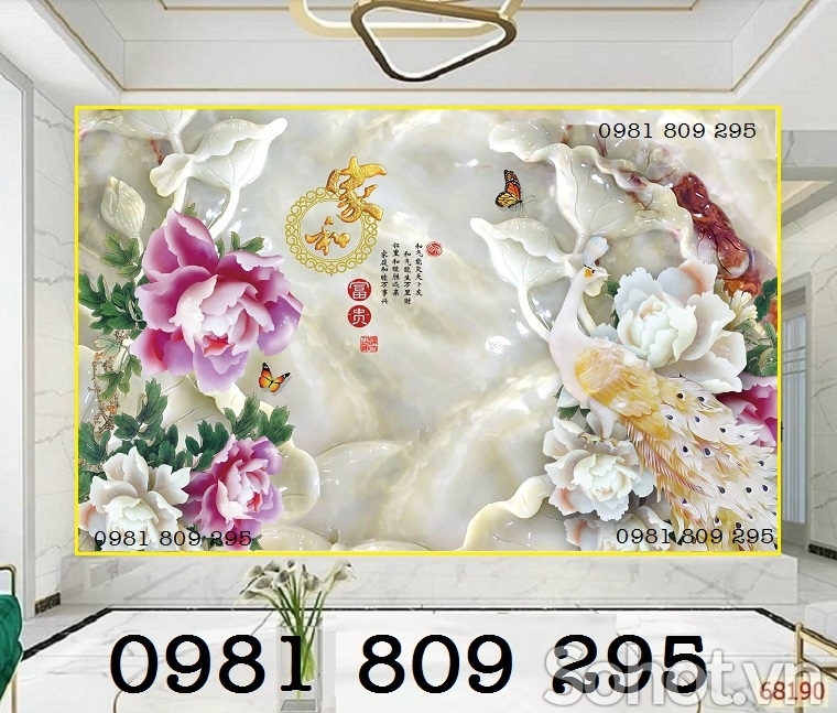 tranh gạch chim công sứ ngọc 3d ốp phòng ngủ