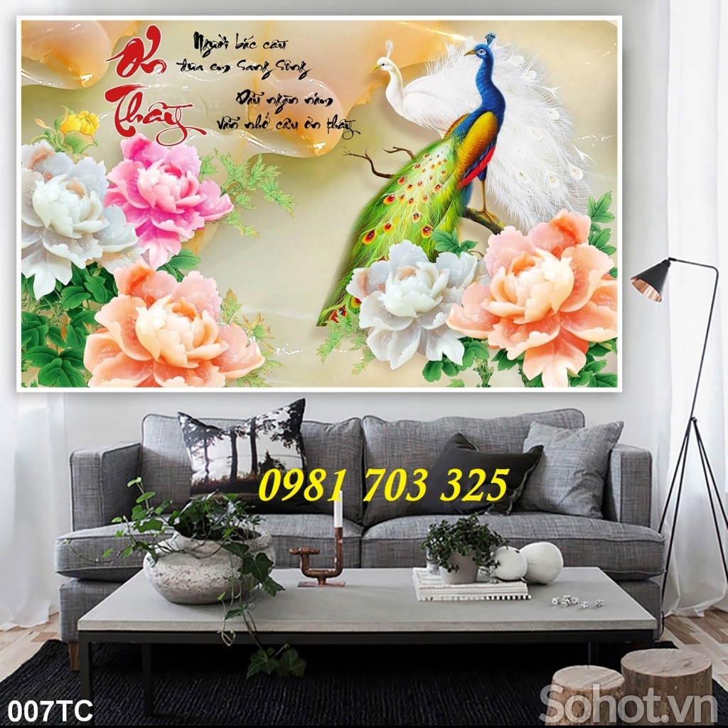 tranh chim công phong thủy, gạch tranh trang trí tường