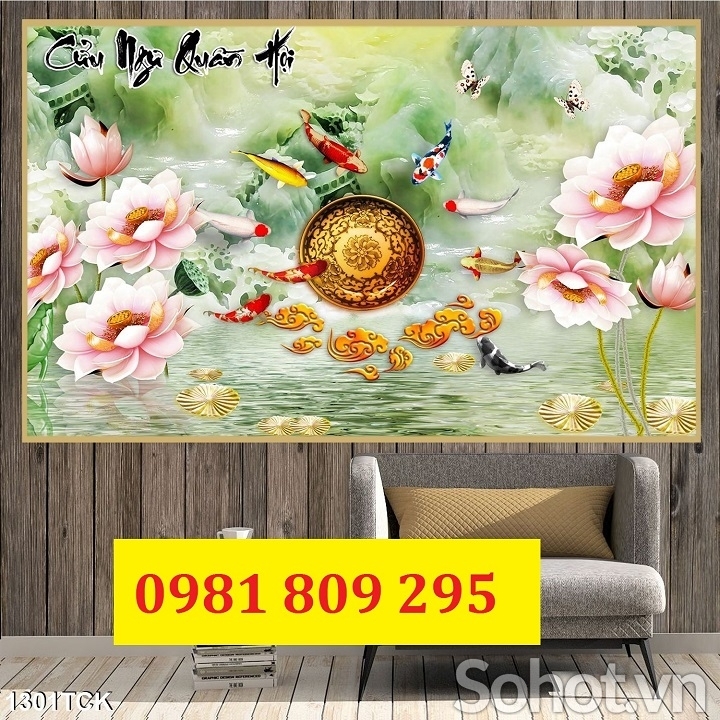 Mẫu tranh gạch hoa sen vàng 3d