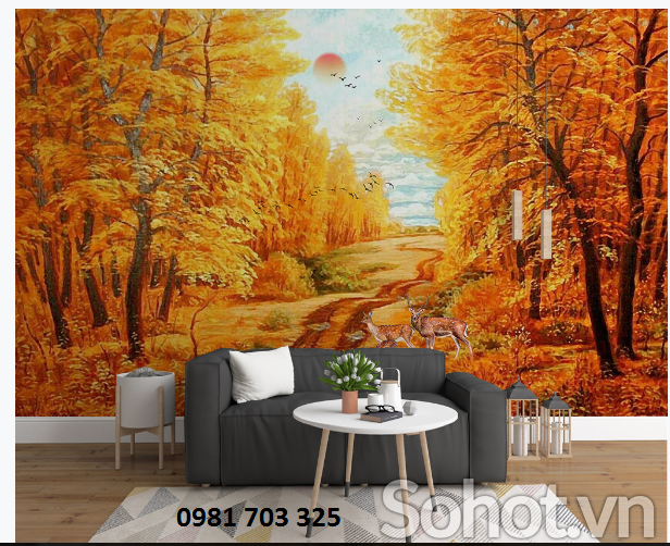 Gạch tranh 3D- tranh phong cảnh lá vàng