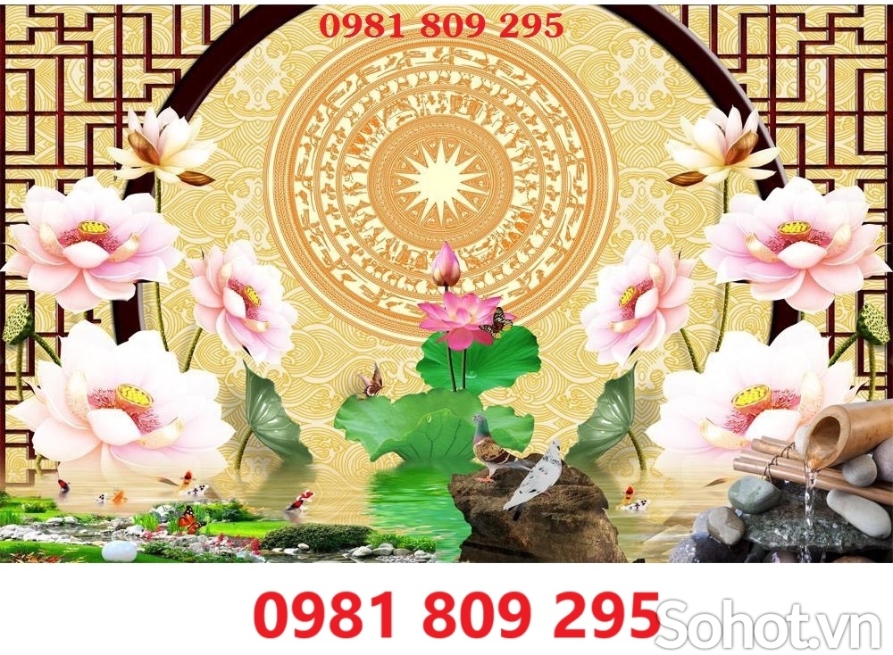 Gạch ốp tường , tranh cao cấp hoa sen trống đồng