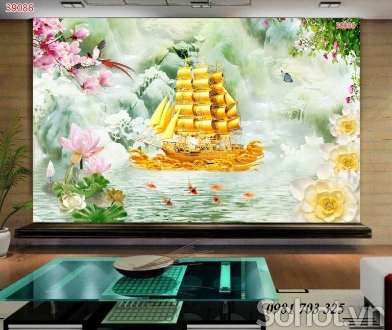 Tranh gạch phong cảnh thuyền buồm xuôi gió