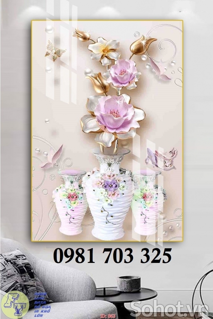 Tranh gạch 3D bình hoa khổ đứng