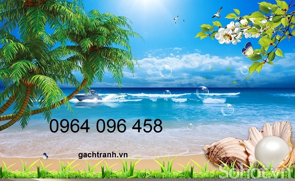 Tranh gạch 3d phong cảnh bờ biển cây dừa - KMN8