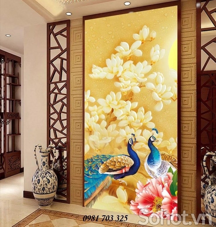 Tranh gạch đẹp 3D khổ đứng trang trí chim công