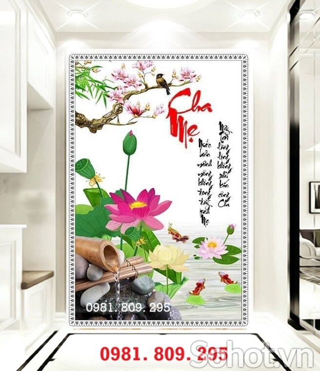 Gạch tranh khổ dọc 3d cha mẹ hoa sen