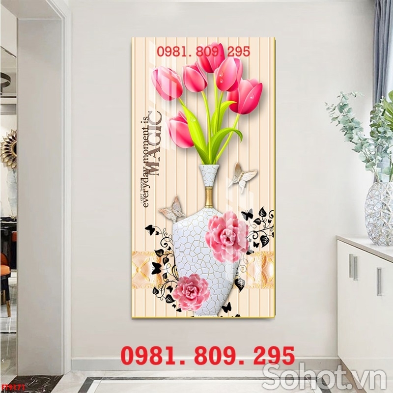 Gạch tranh khổ dọc 3d bình hoa HQ9491