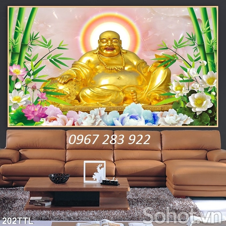 Tranh tường phòng khách Kim tiền Phật Di Lặc