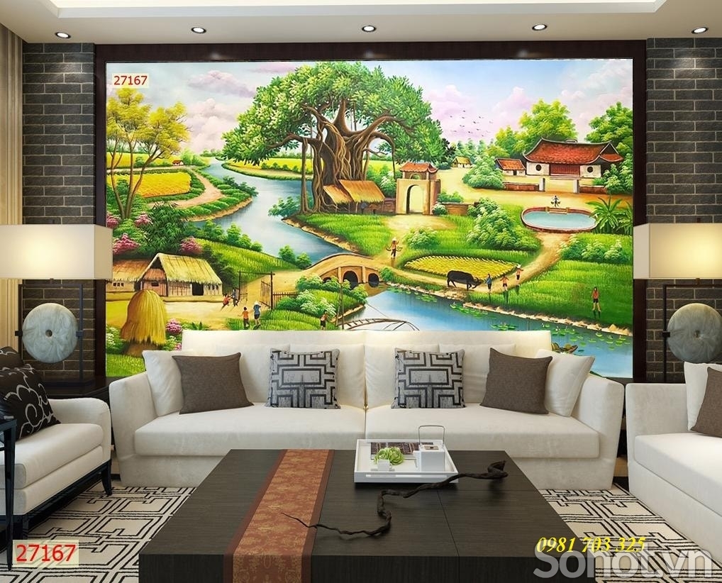 Tranh gạch 3D phòng khách- gạch tranh phong cảnh đồng quê