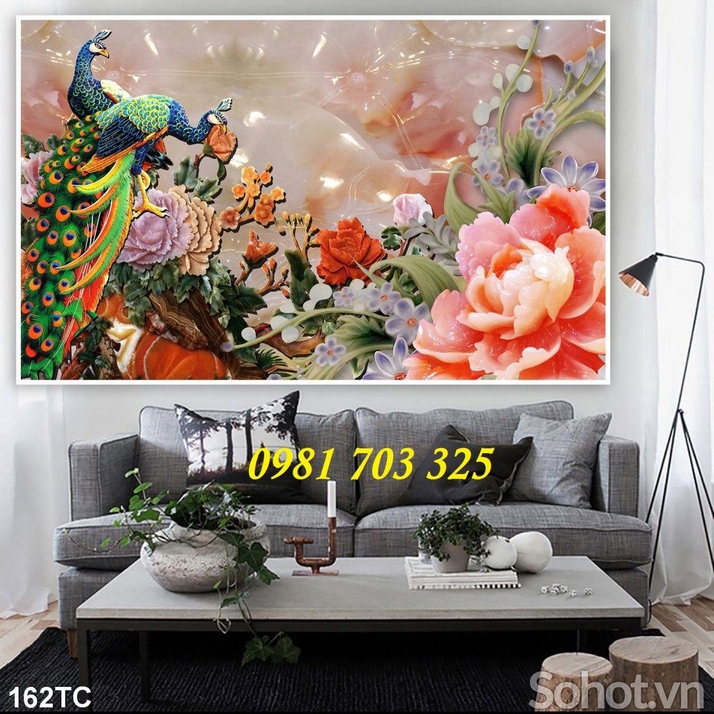 tranh phong thủy chim công, gạch 3D trang trí tường