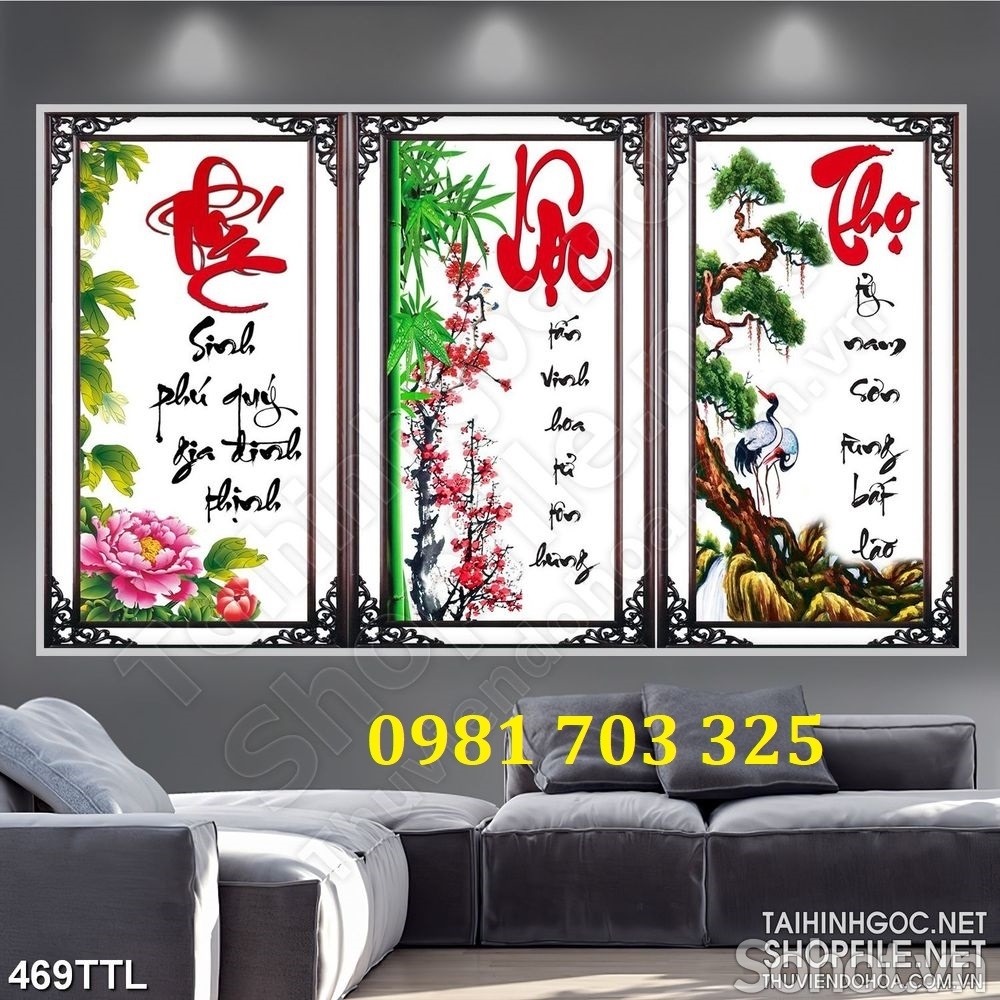 Gạch tranh thư pháp 3 tấm phúc lộc thọ