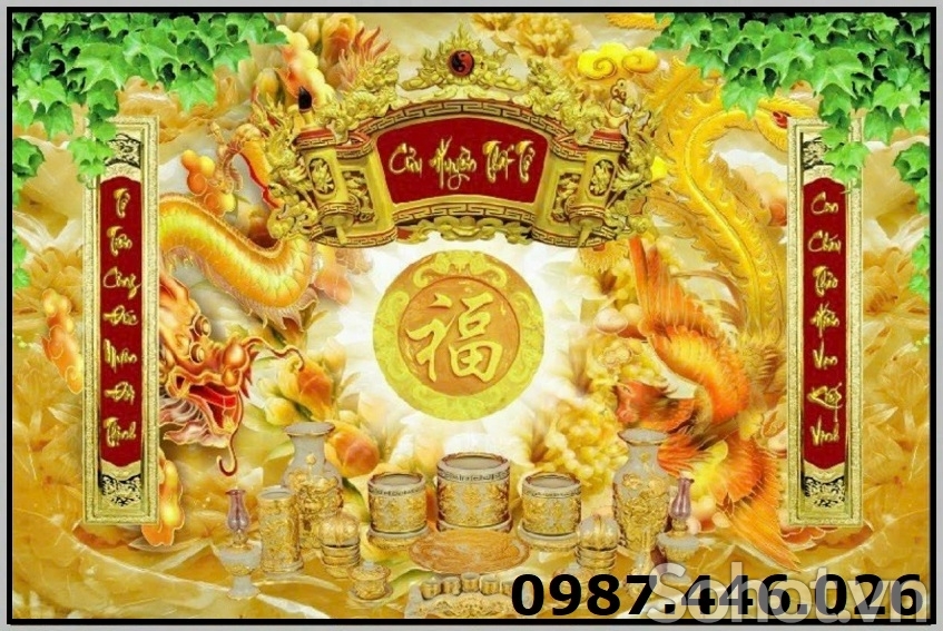 Gạch 3d tranh ốp tường rồng phượng phòng thờ HP9373