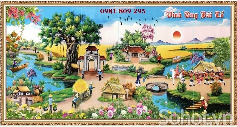 Gạch tranh 3D, tranh gạch men làng quê GP3658