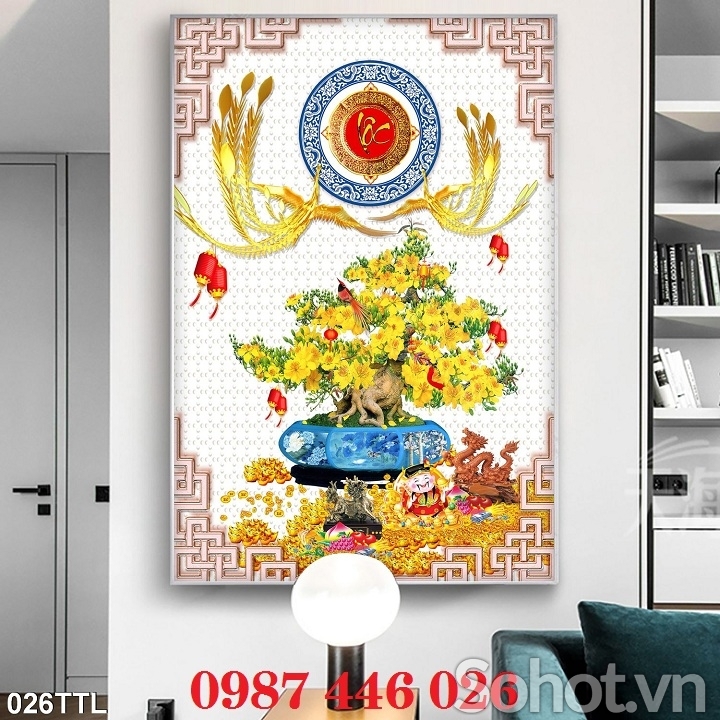 Gạch 3d tranh hoa mai vàng ốp tường