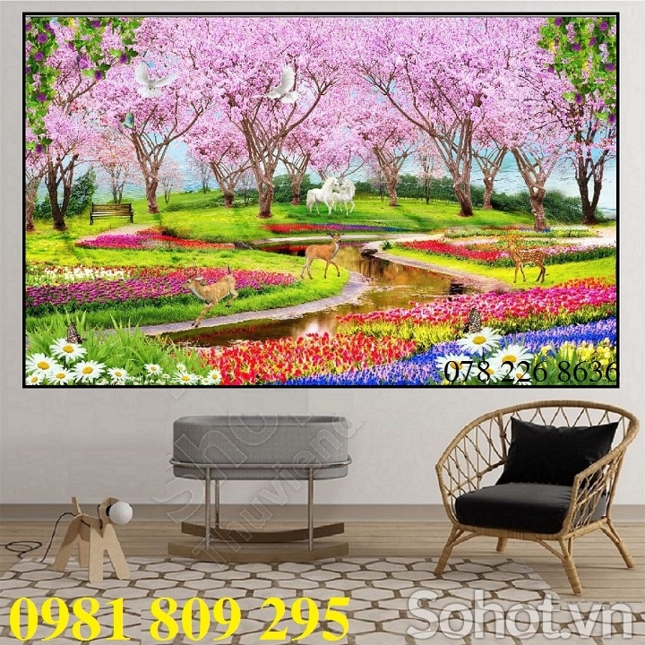 Tranh gạch 3f hoa đào