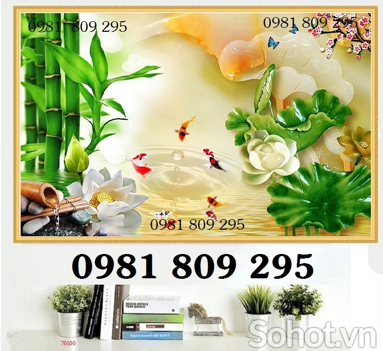 TRanh hoa sen phong thủy, gạch 3D ốp tường