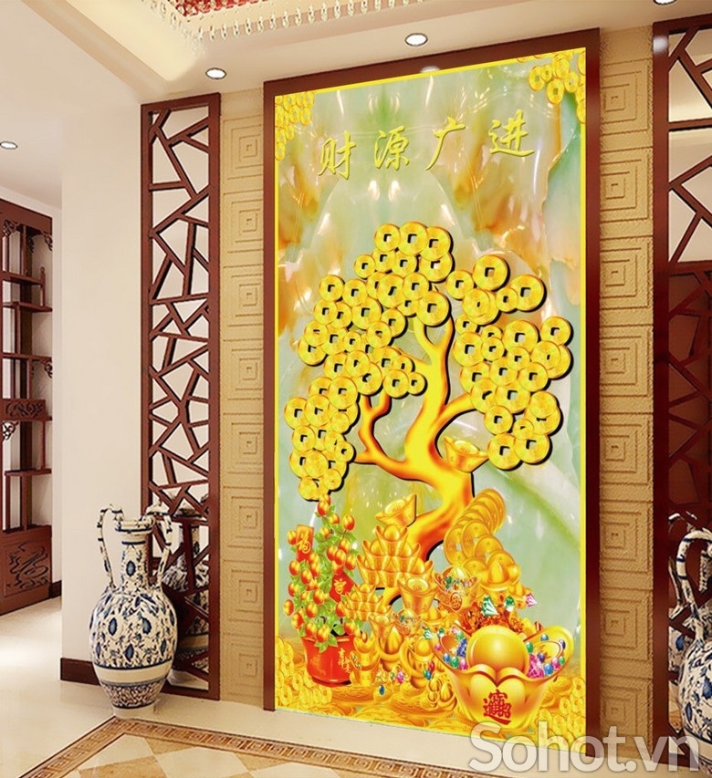 Tranh gạch 3d cây tiền vàng -