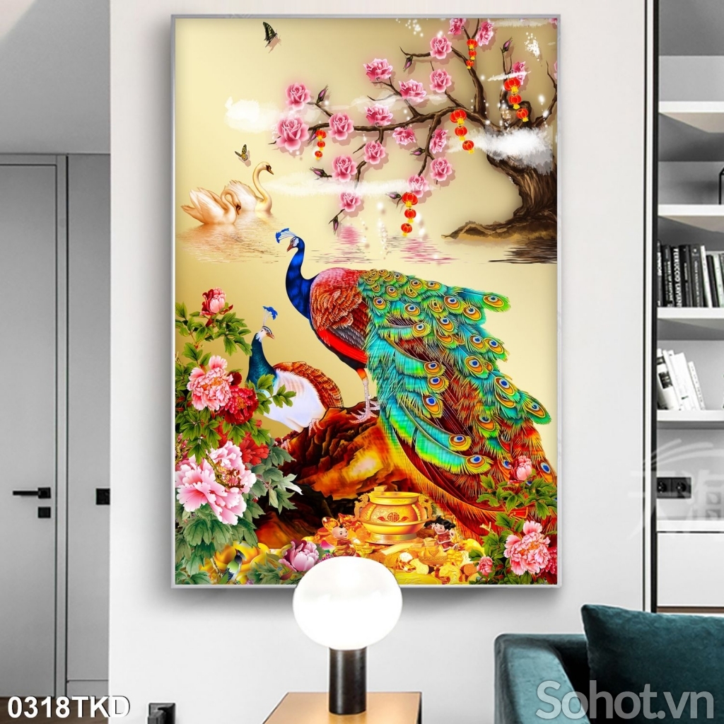tranh phong thủy chim công, gạch 3D trang trí tường