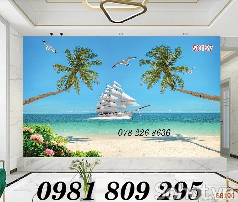 Gạch tranh 3d thuyền buồm xanh mát