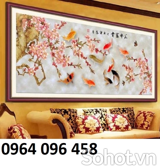tranh hoa mẫu đơn cá chép - gạch tranh 3d ốp tường - VC2