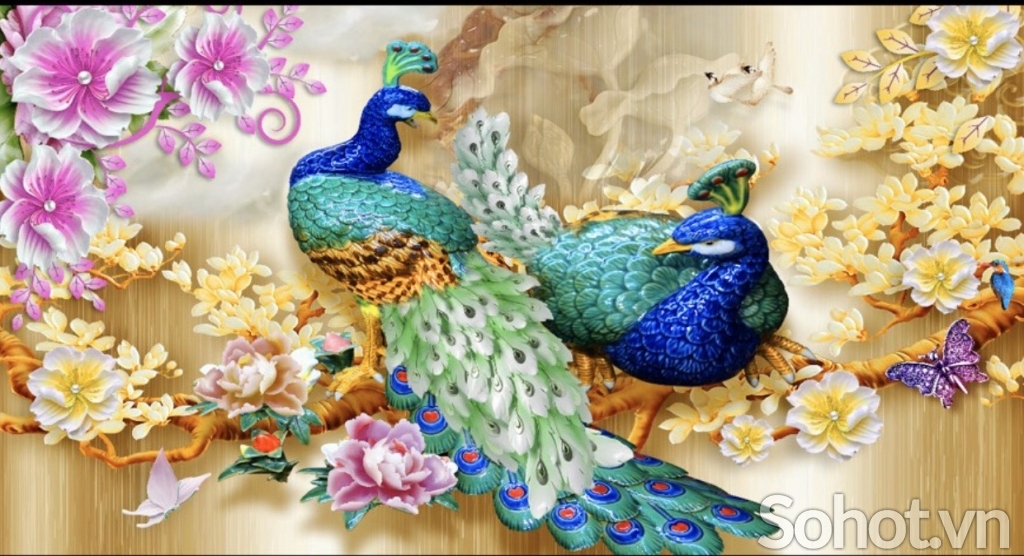 Tranh 3d gạch ốp tường chim công