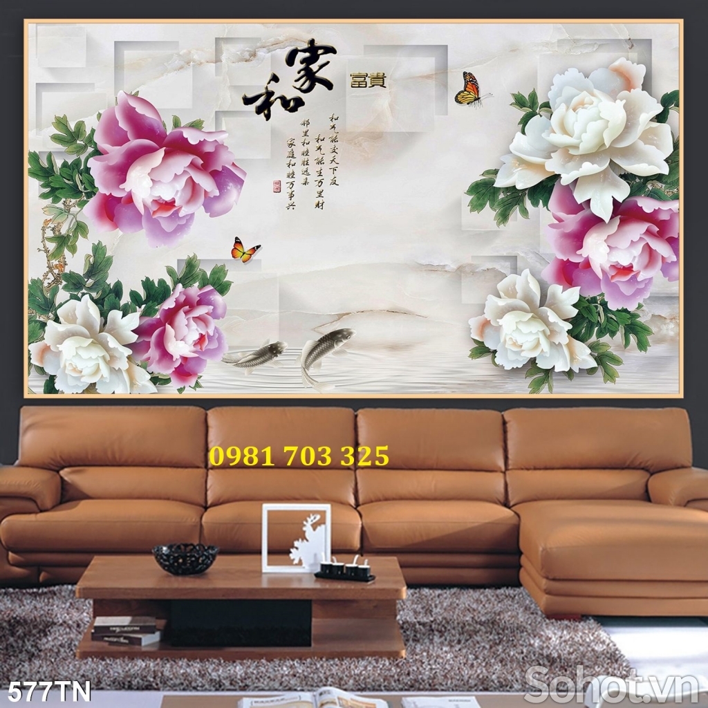 Tranh gạch hoa mẫu đơn sứ ngọc dán tường
