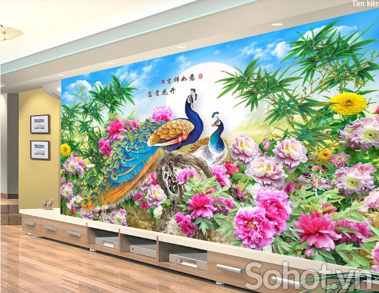 tranh 3D chim công-gạch 3D trang trí