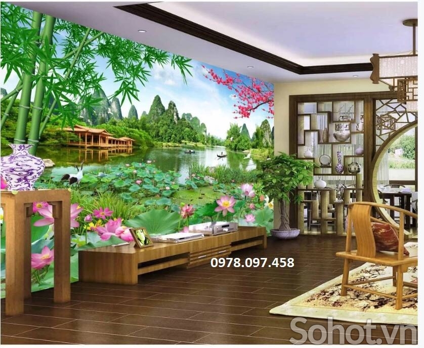 Tranh gạch phòng khách - tranh hoa sen