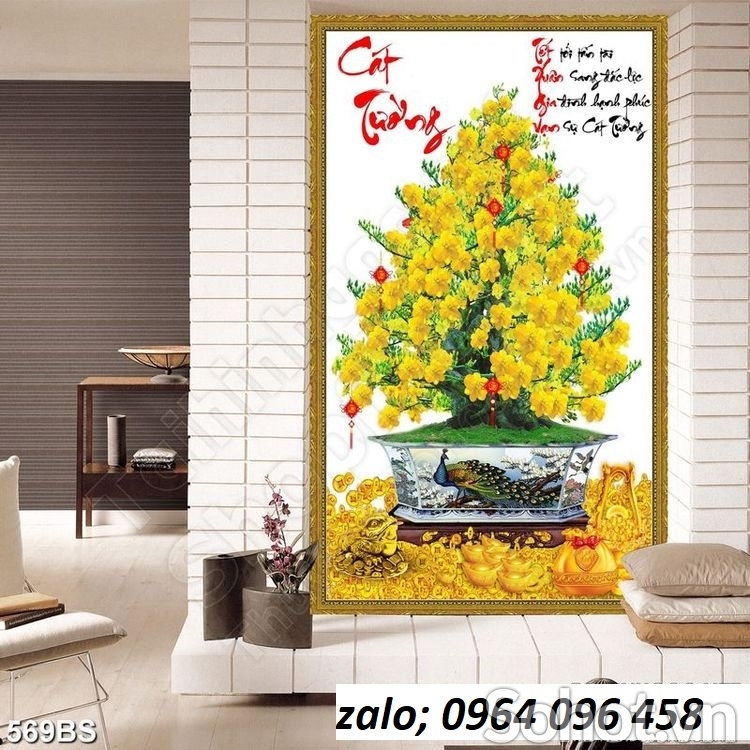 Tranh gạch 3d cây mai vàng phòng khách - 522XC