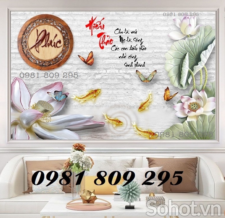 Tranh ốp trên tường cá chép , gạch 3d hoa sen