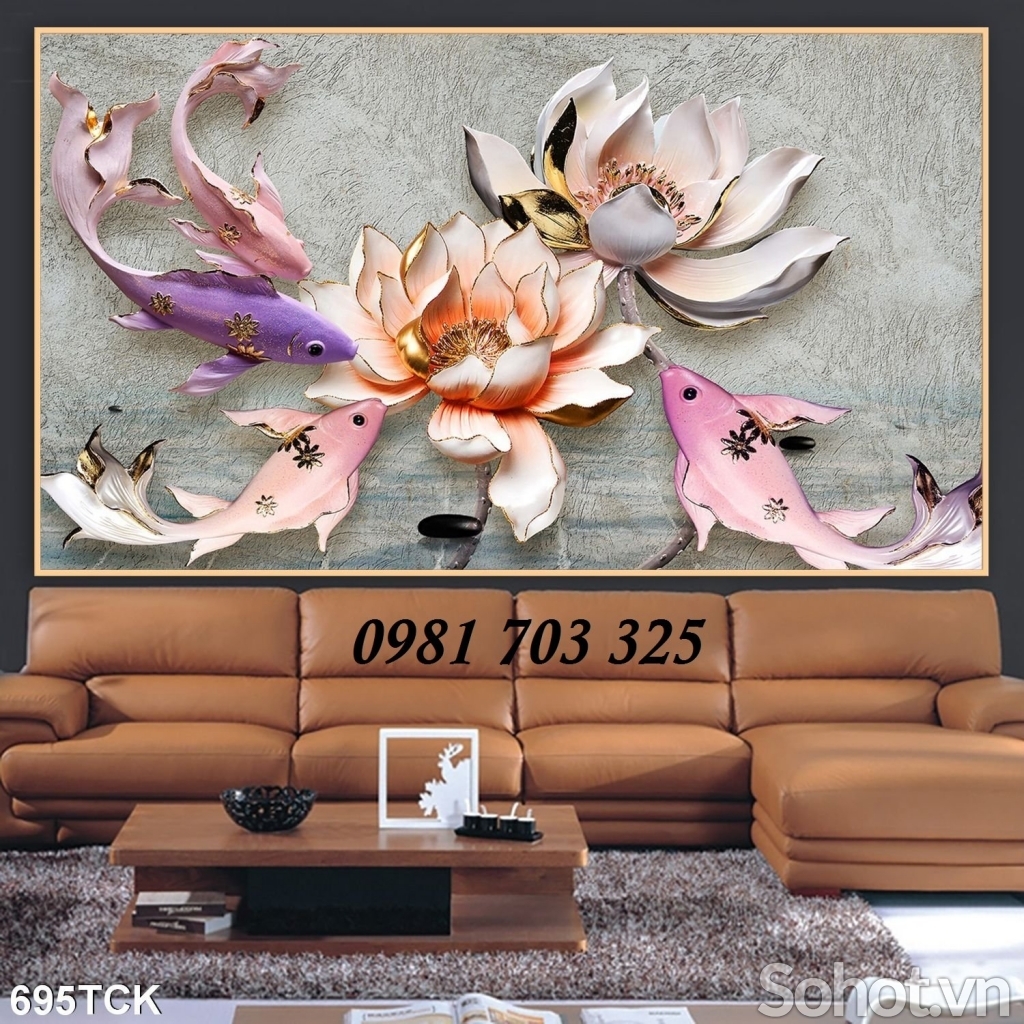 Tranh gạch men phong thủy hoa sen cá chép