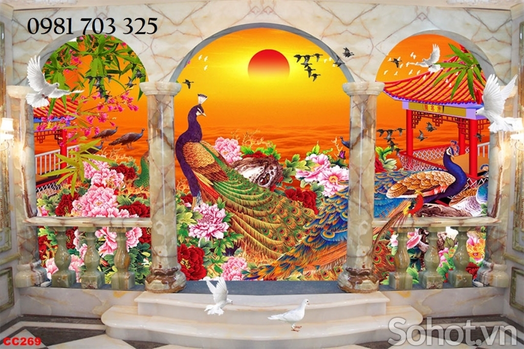 Tranh gạch men chim công phong thủy 3D