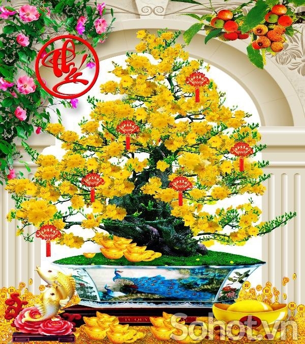 tranh gạch 3d chậu mai - XV56