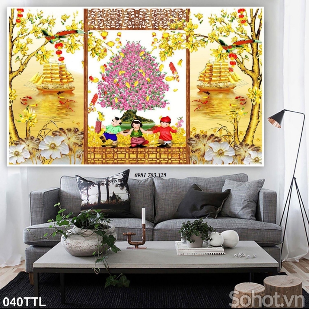 Tranh gạch đẹp 3D hoa đào