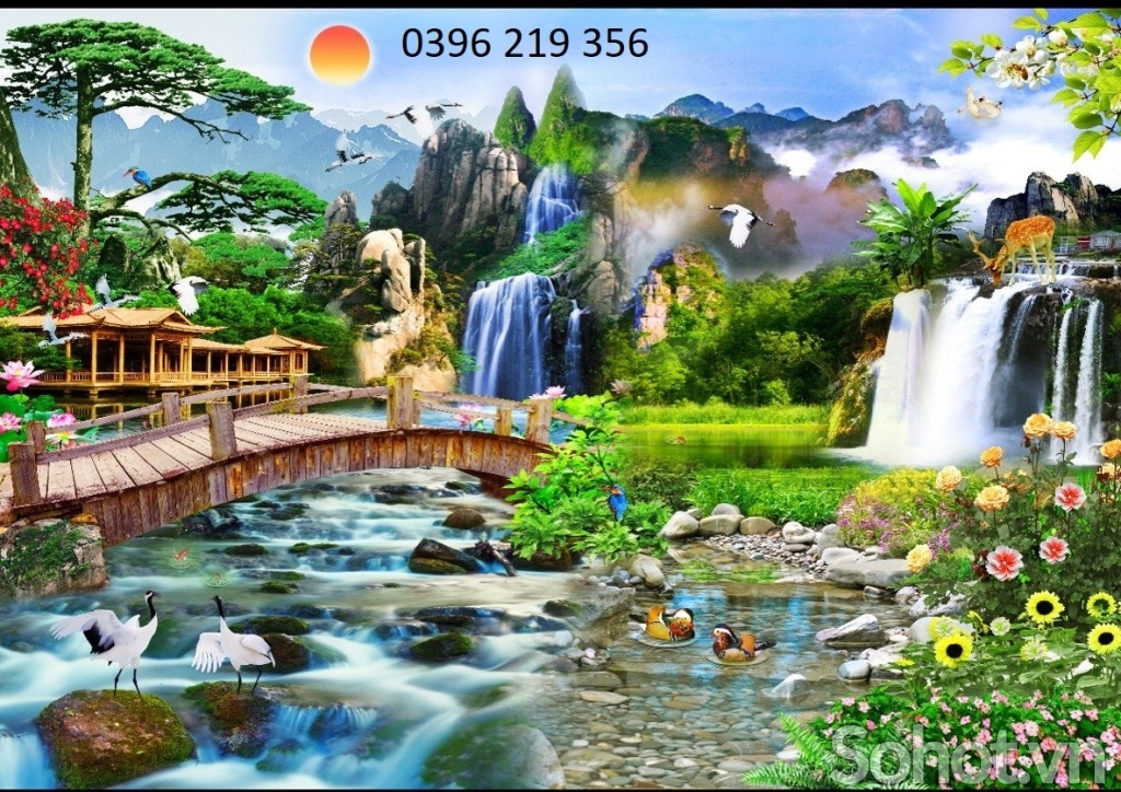 Tranh gạch men 3d trang trí tường Phong cảnh , thác nước
