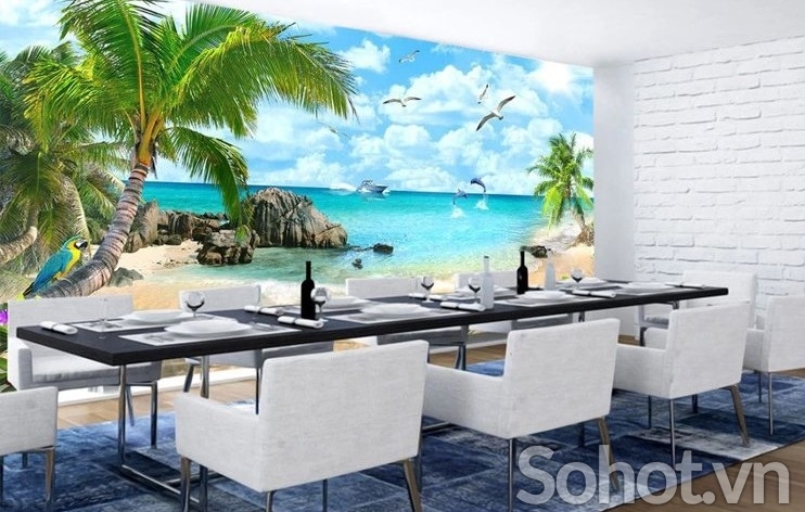 Gạch tranh 3D bãi biển trang trí phòng khách