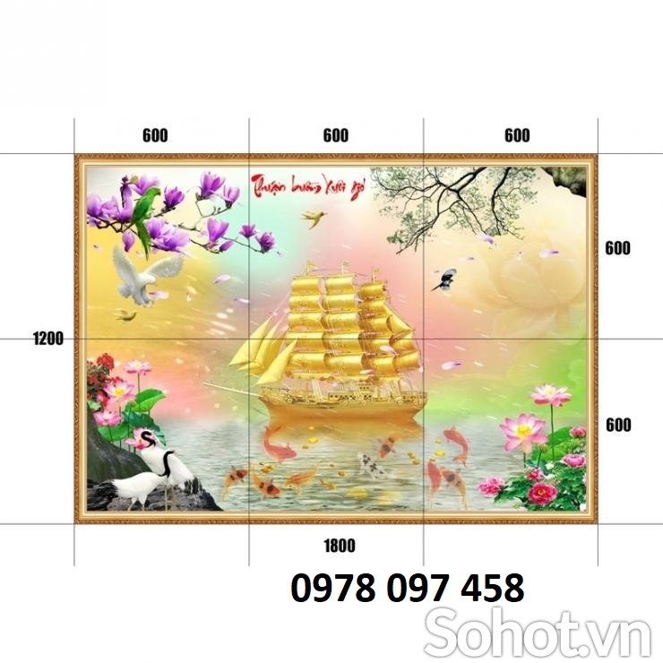 Tranh gạch men họa tiết thuyền buồm vàng