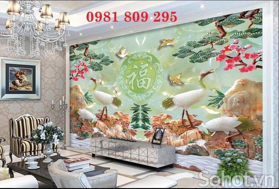 Mẫu tranh gạch 3d chim công sứ ngọc ốp phòng khách