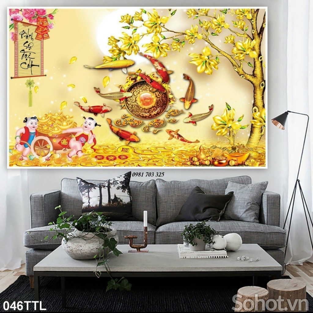 Tranh gạch hoa sen cá chép đẹp