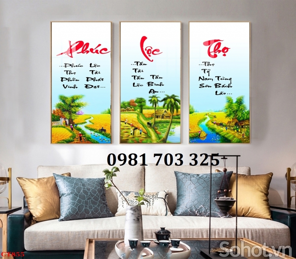Gạch tranh thư pháp 3 tấm phúc lộc thọ