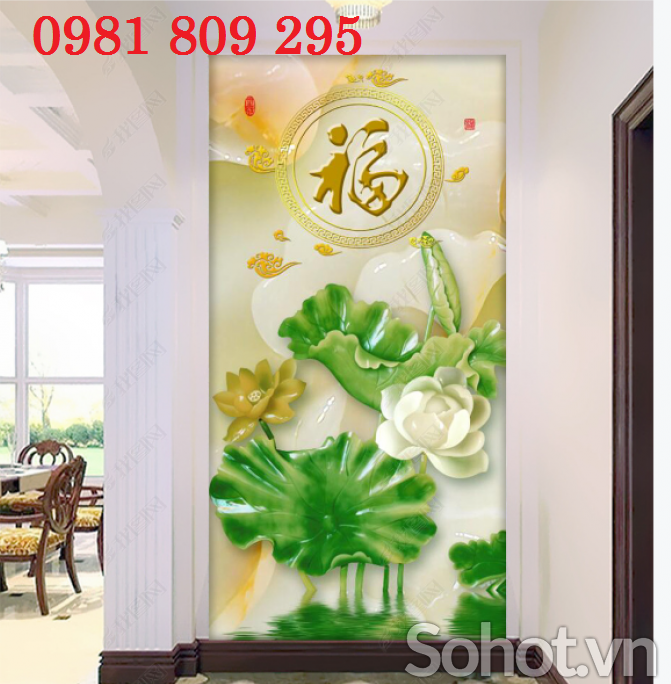 Tranh gạch men khổ đứng hoa sen HP651