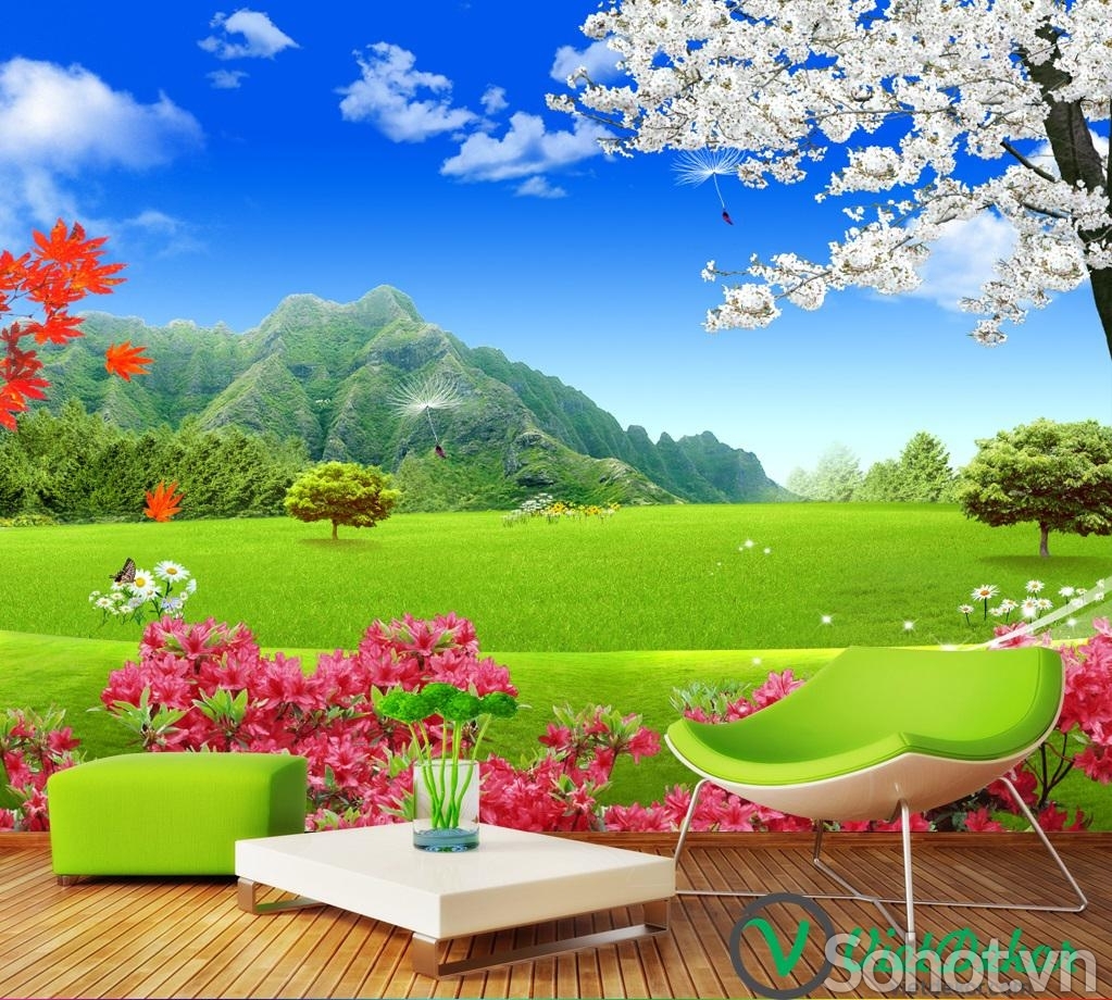 tranh ốp tường- Tranh phong cảnh vườn hoa 3D cao cấp
