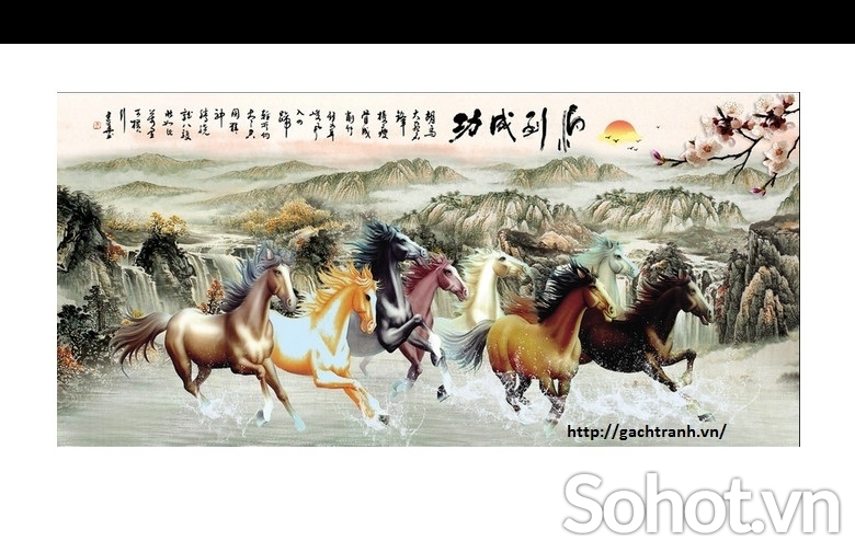 gạch tranh 3d dán tường tranh 8 con ngựa