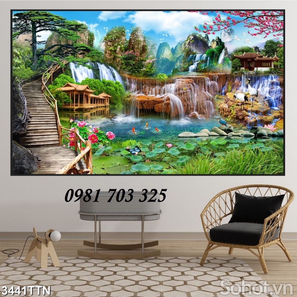 Tranh phong cảnh thác nước- gạch tranh 3D ốp tường