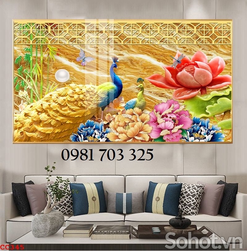 Tranh phong thủy, gạch tranh 3D 2 con chim công