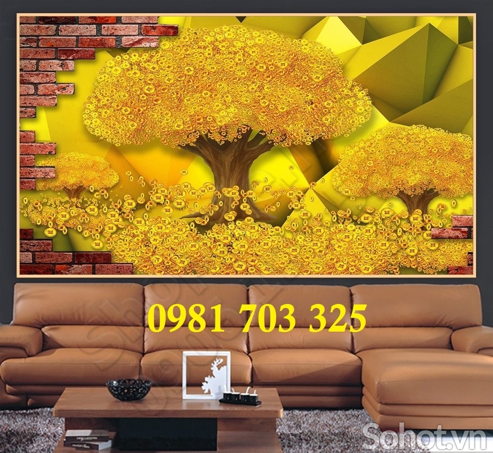 Tranh kim tiền phong thủy, gạch men 3D ốp phòng khách