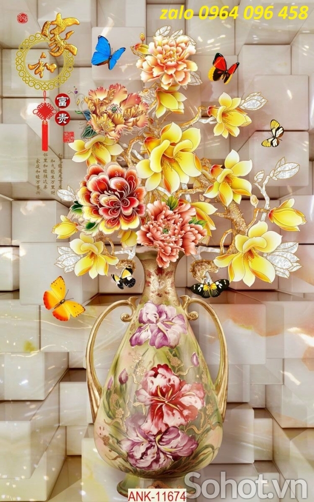 Tranh bình hoa sứ ngọc - tranh gạch 3d sứ ngọc - KNV43